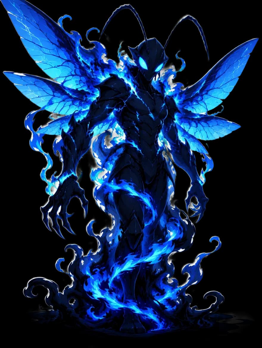 A winged shadow figure rising from a pool of black, wrapped in blue flame