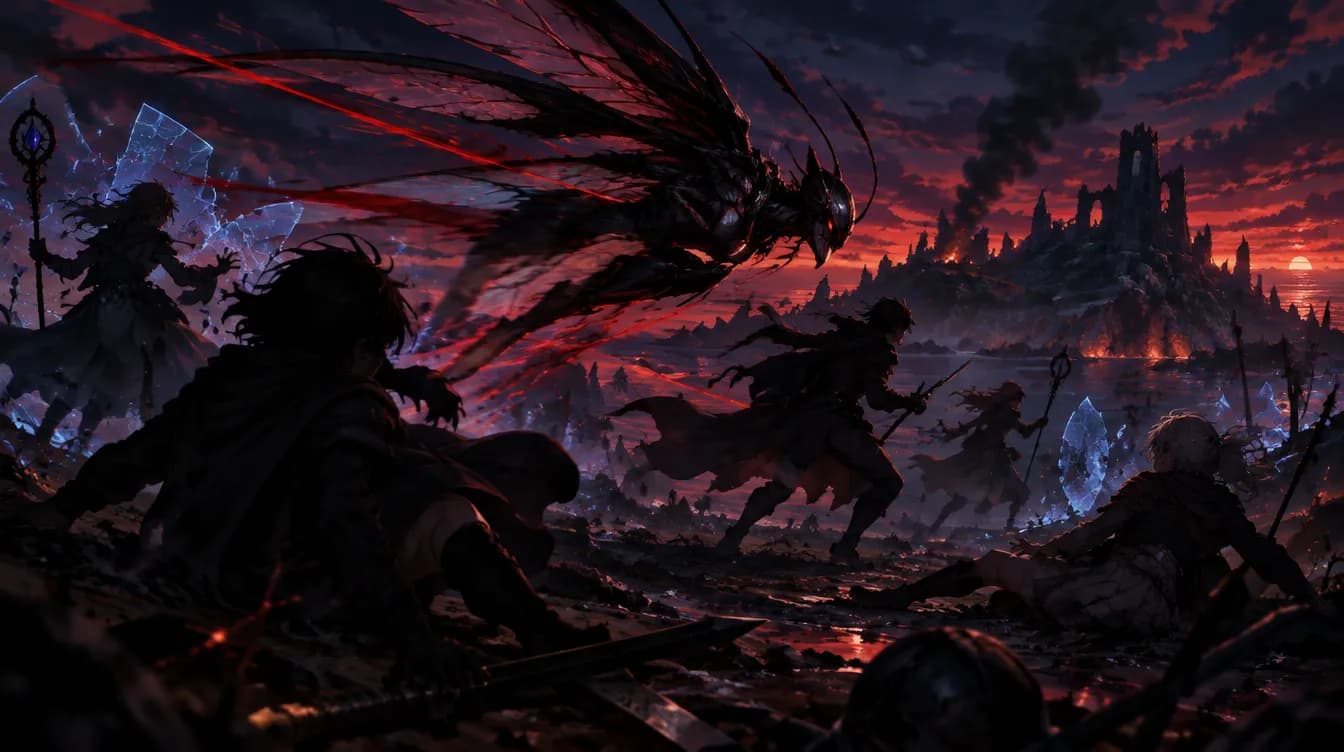Hunters falling as a winged dark figure tears through the raid at dusk